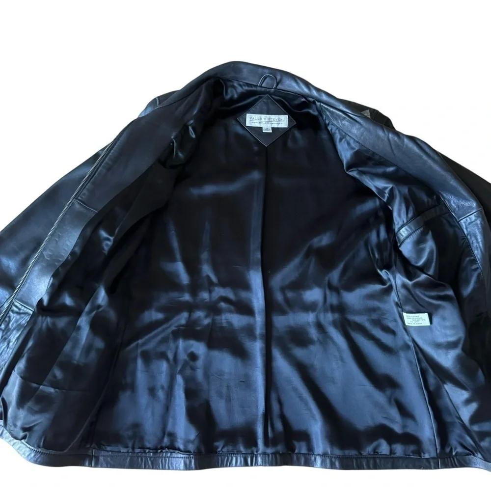 Valerie Stevens Leather Black Jacket Coat Full Zip Belted Soft Lined